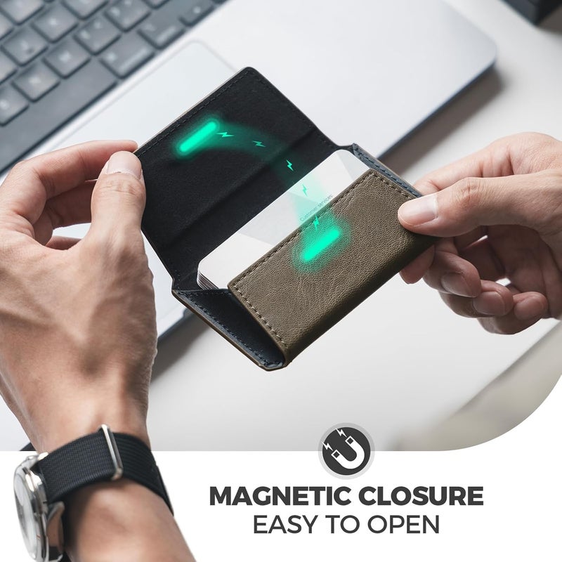 VULKIT حافظة بطاقات عمل جلدية للرجال، محفظة بطاقات عمل نحيفة، حافظة بطاقات الاسم، تحمل 20 بطاقة عمل زيتوني - Image 4